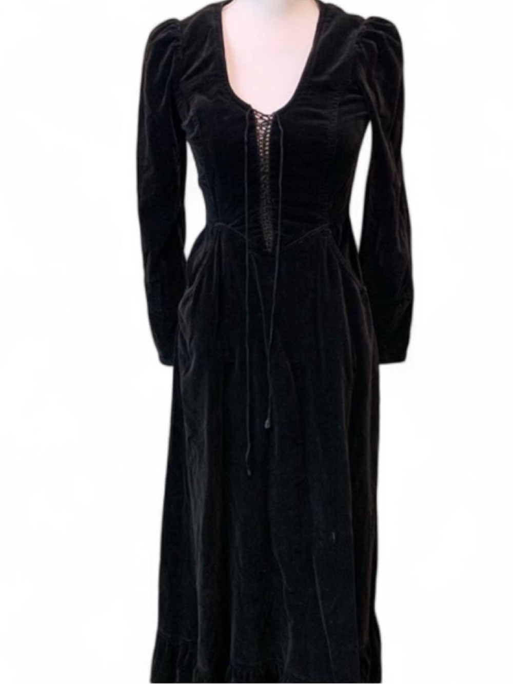 Gothic Black Gunne Sax Black Velvet Lace-Up Maxi Dress